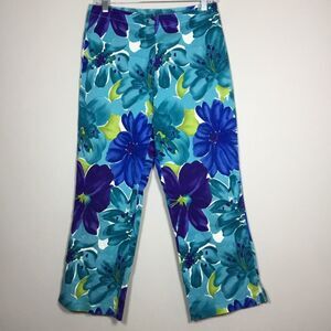 Bright blue teal & lime green hibiscus pattern wide leg capri pants  size 10